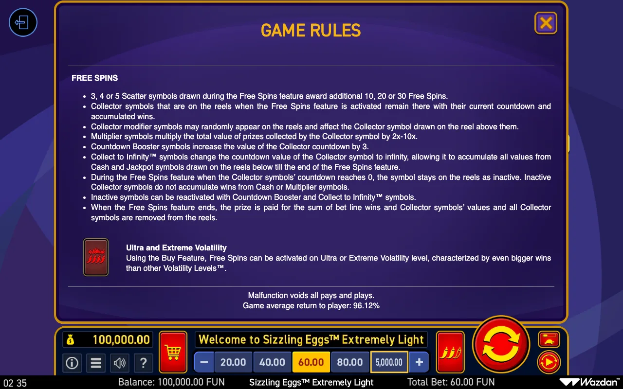Free spins — Sizzling Eggs Extremely Light