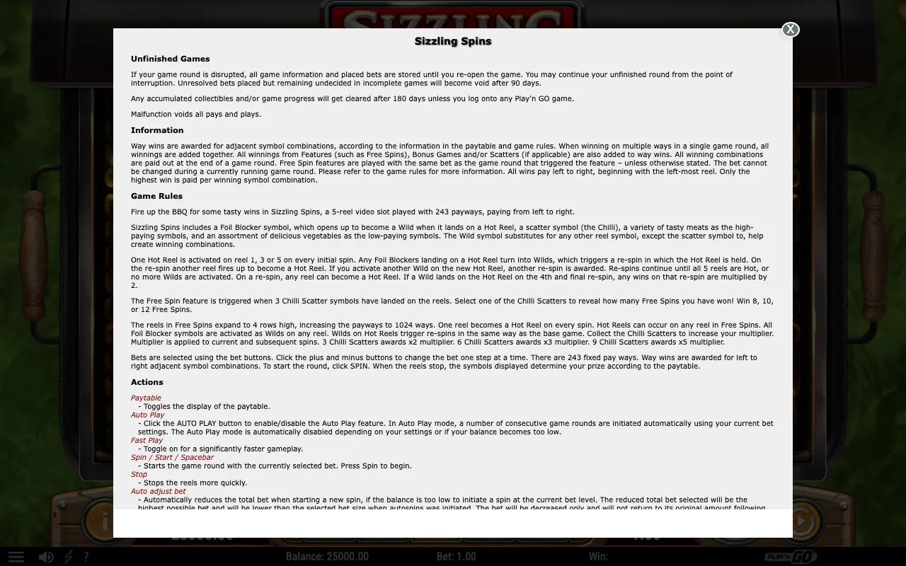 Game rules, page 1 — Sizzling Spins