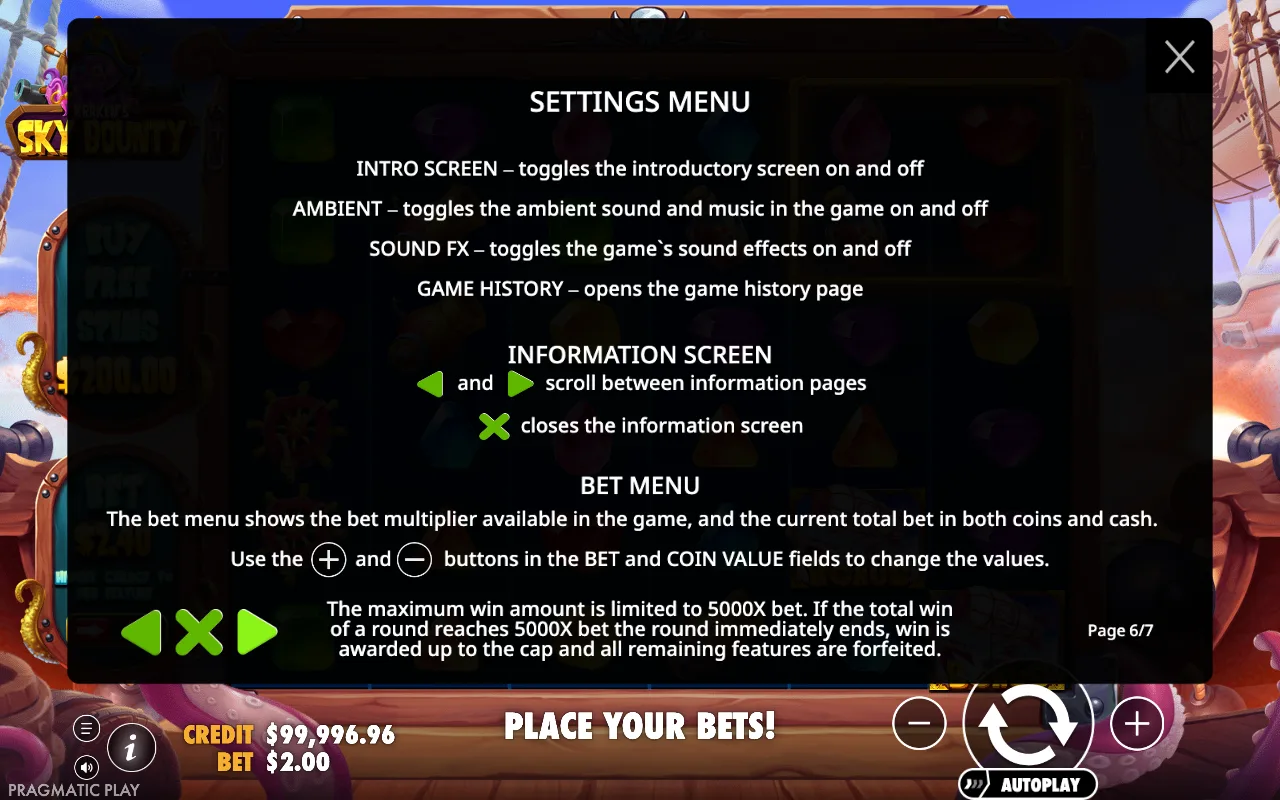 Settings menu — Sky Bounty