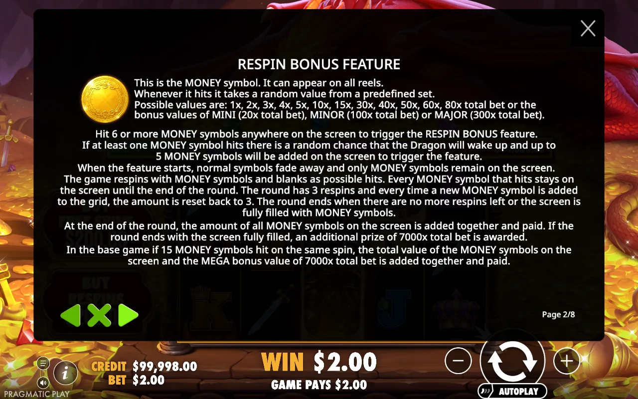 Respin bonus feature — Sleeping Dragon