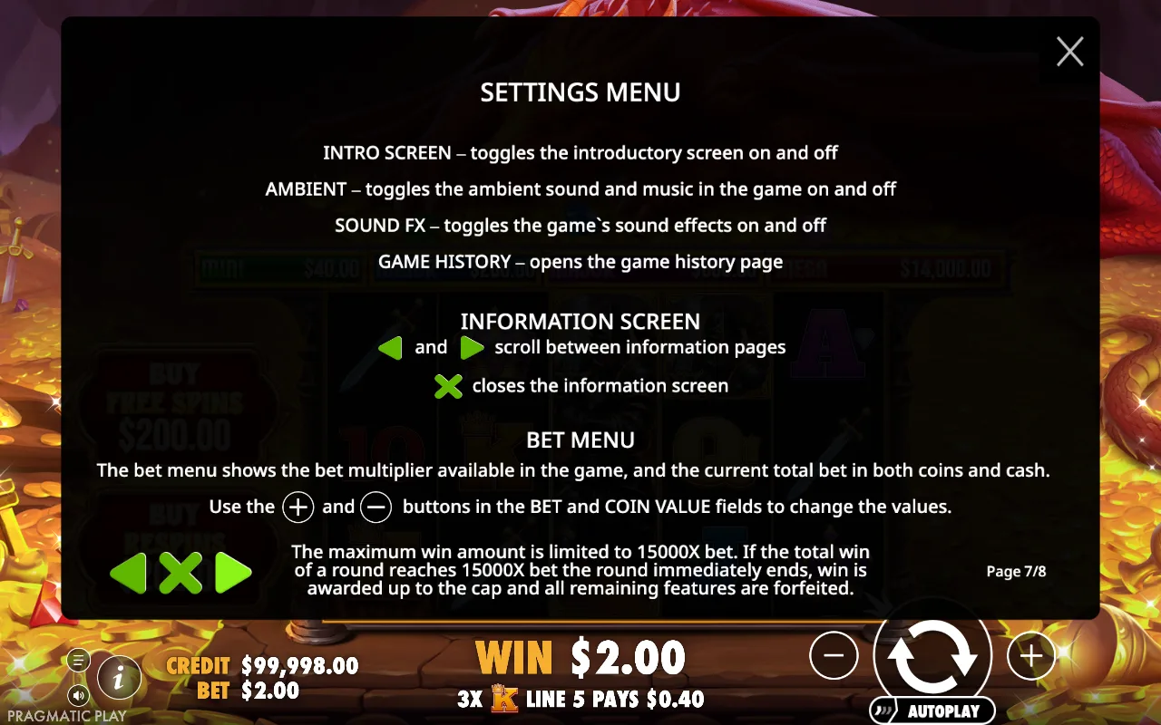 Settings menu — Sleeping Dragon