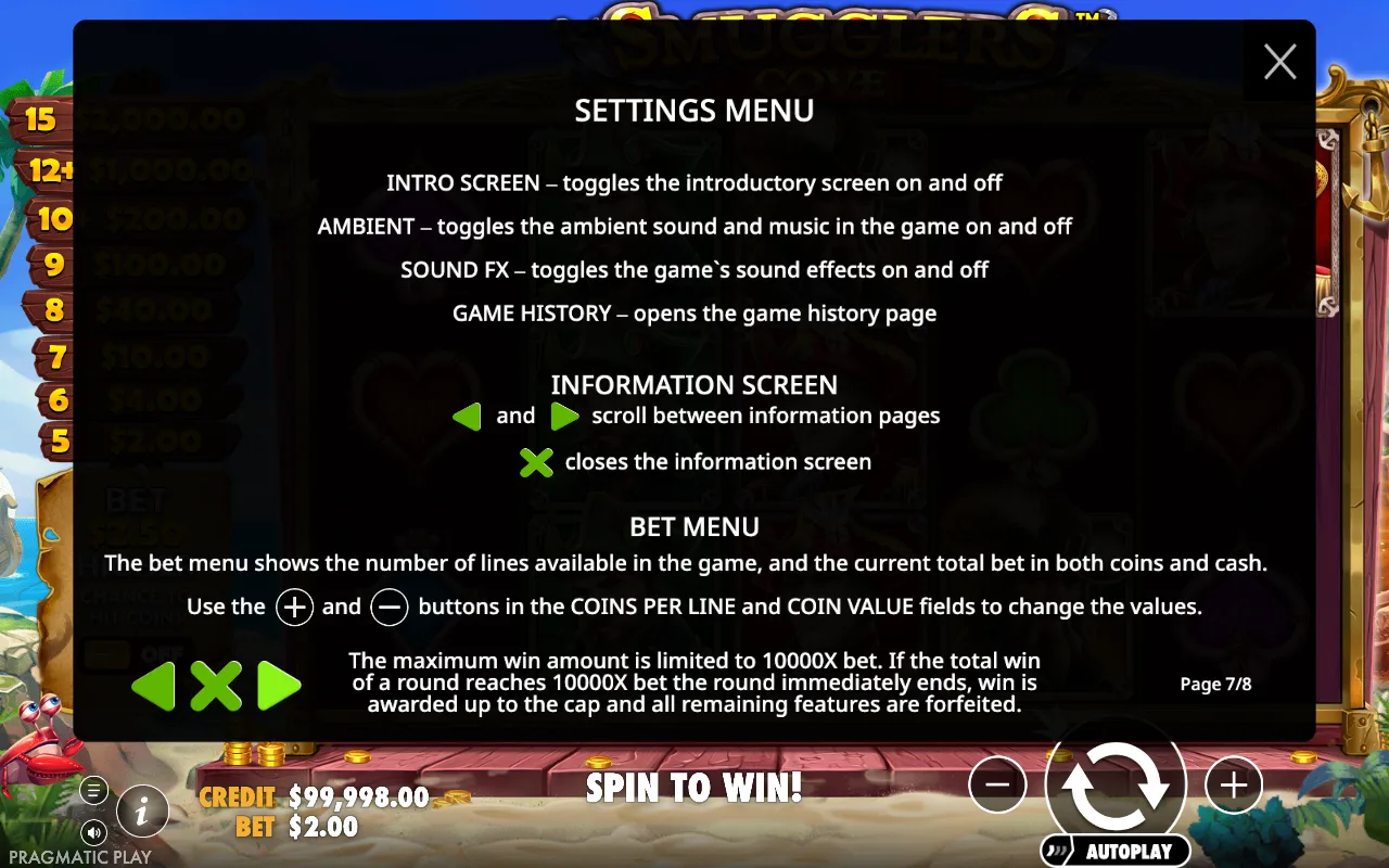 Settings menu — Smugglers Cove