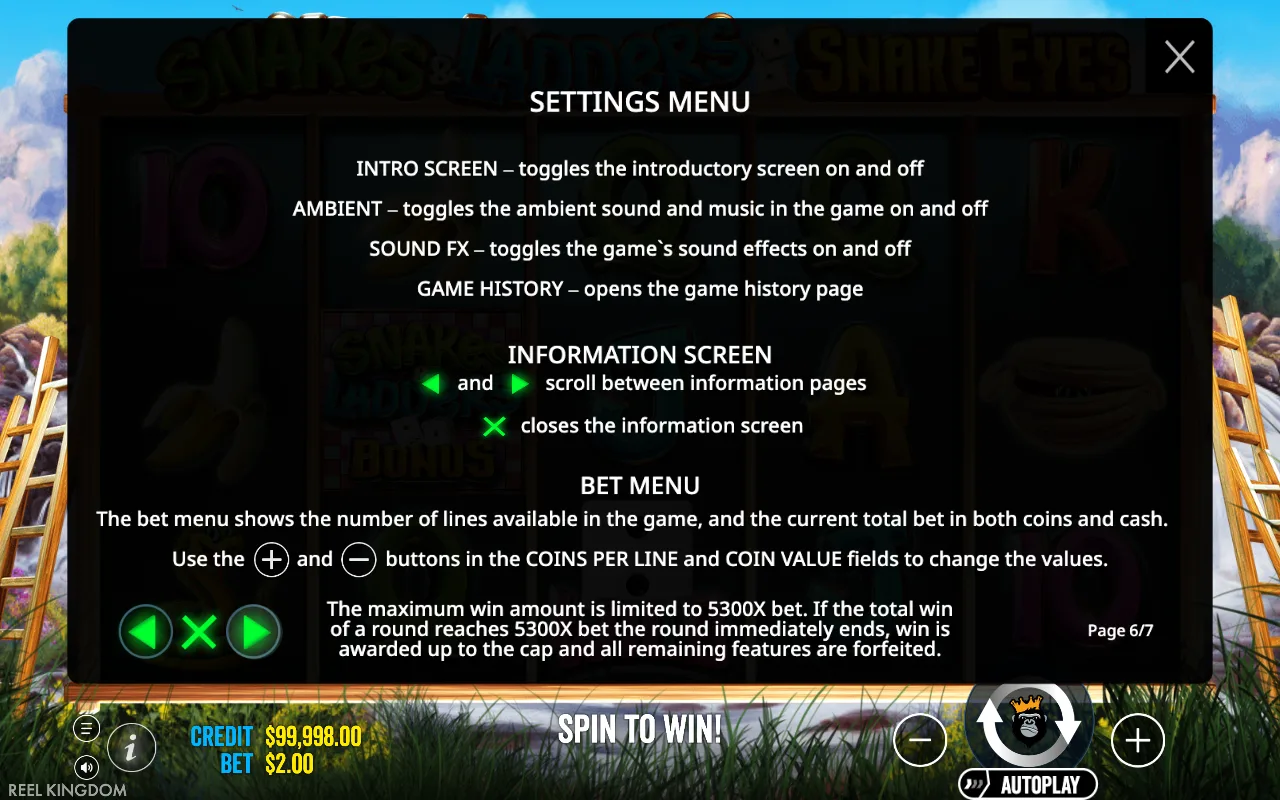 Settings menu — Snakes & Ladders Snake Eyes