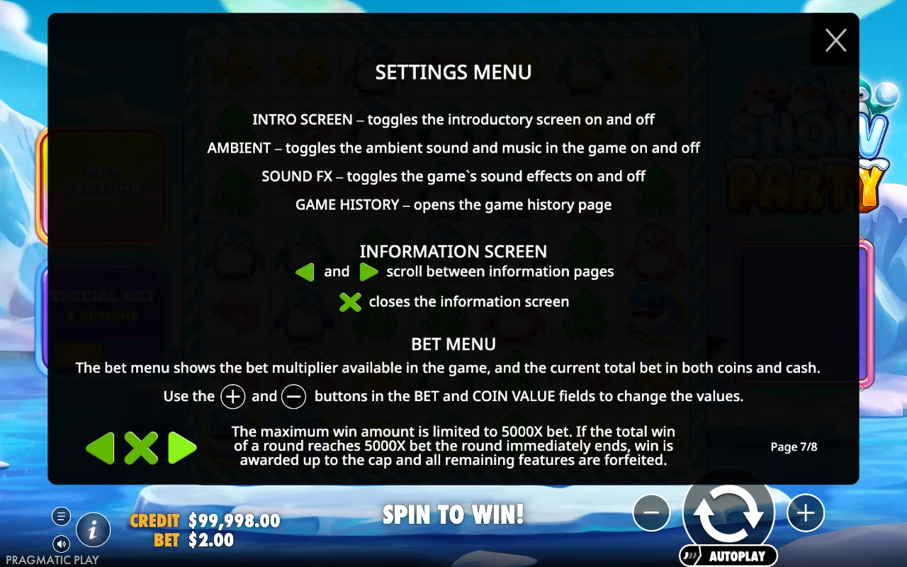 Settings menu — Snow Party