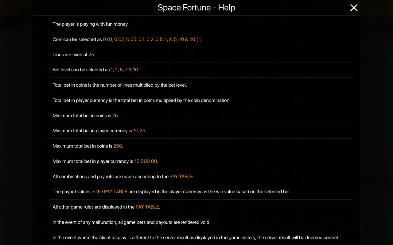Game rules, page 1 — Space Fortune