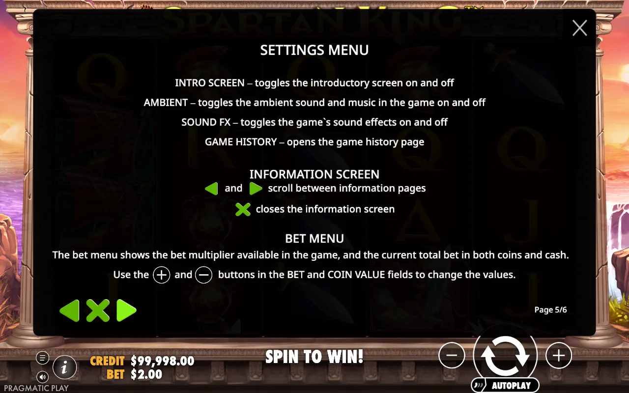 Settings menu — Spartan King