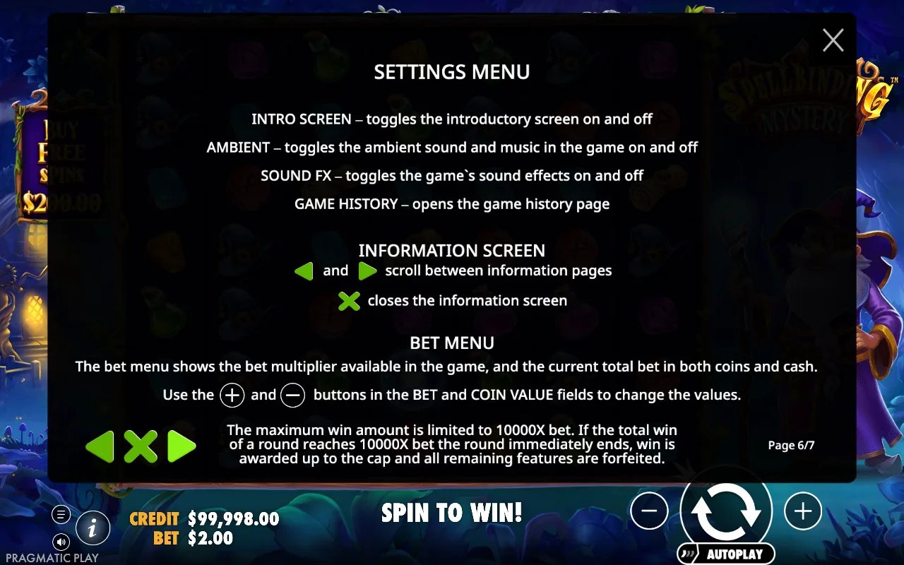 Settings menu — Spellbinding Mystery