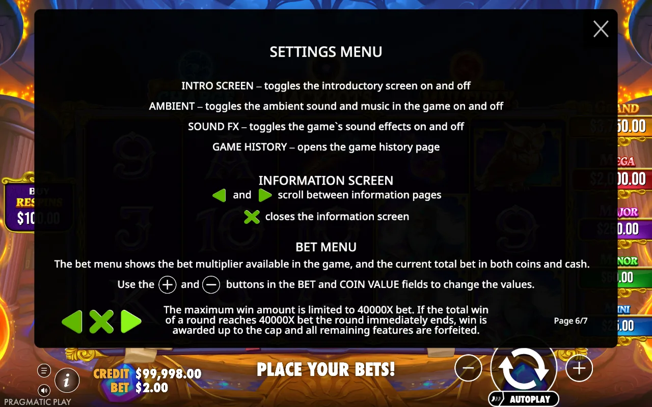 Settings menu — Spellmaster