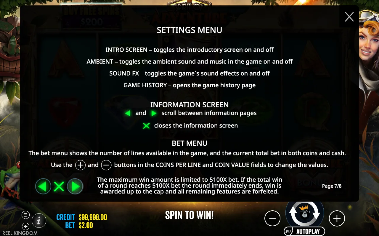 Settings menu — Spirit of Adventure
