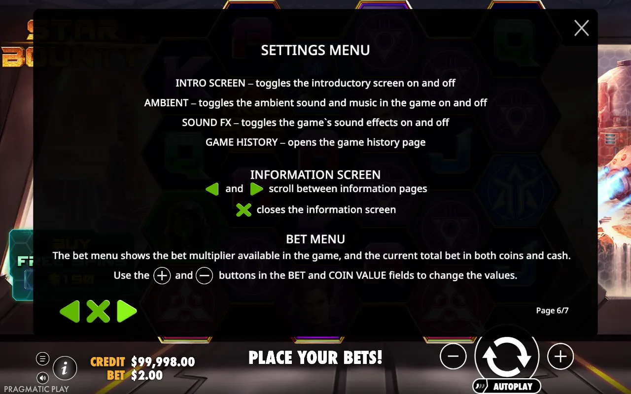 Settings menu — Star Bounty