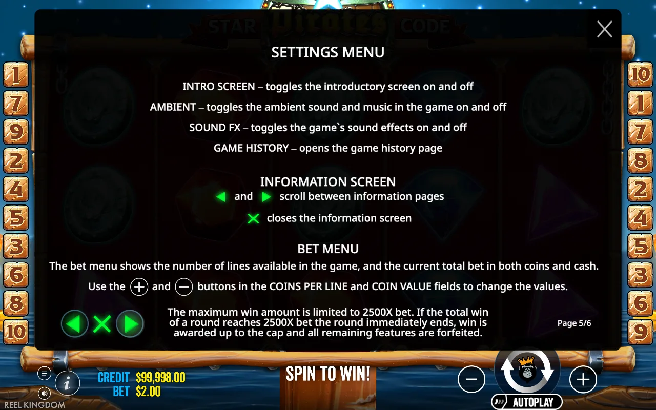 Settings menu — Star Pirates Code