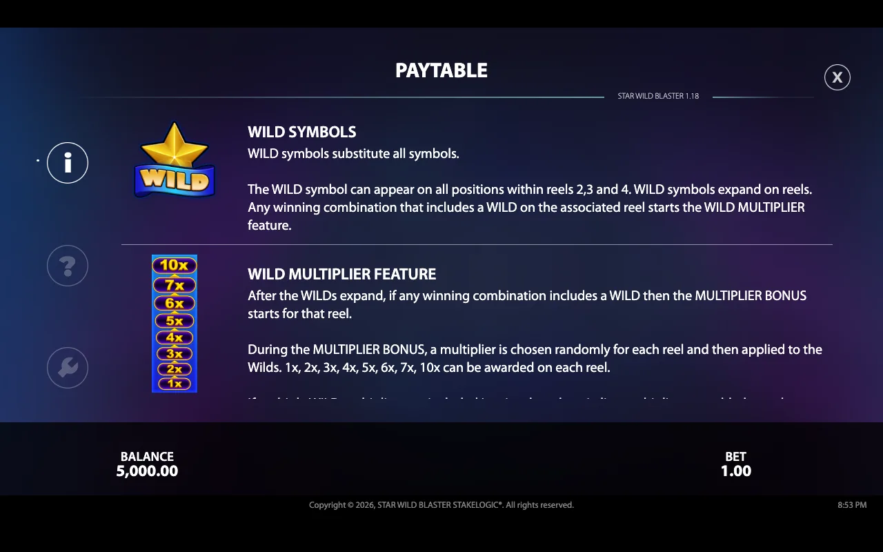 Paytable — Star Wild Blaster