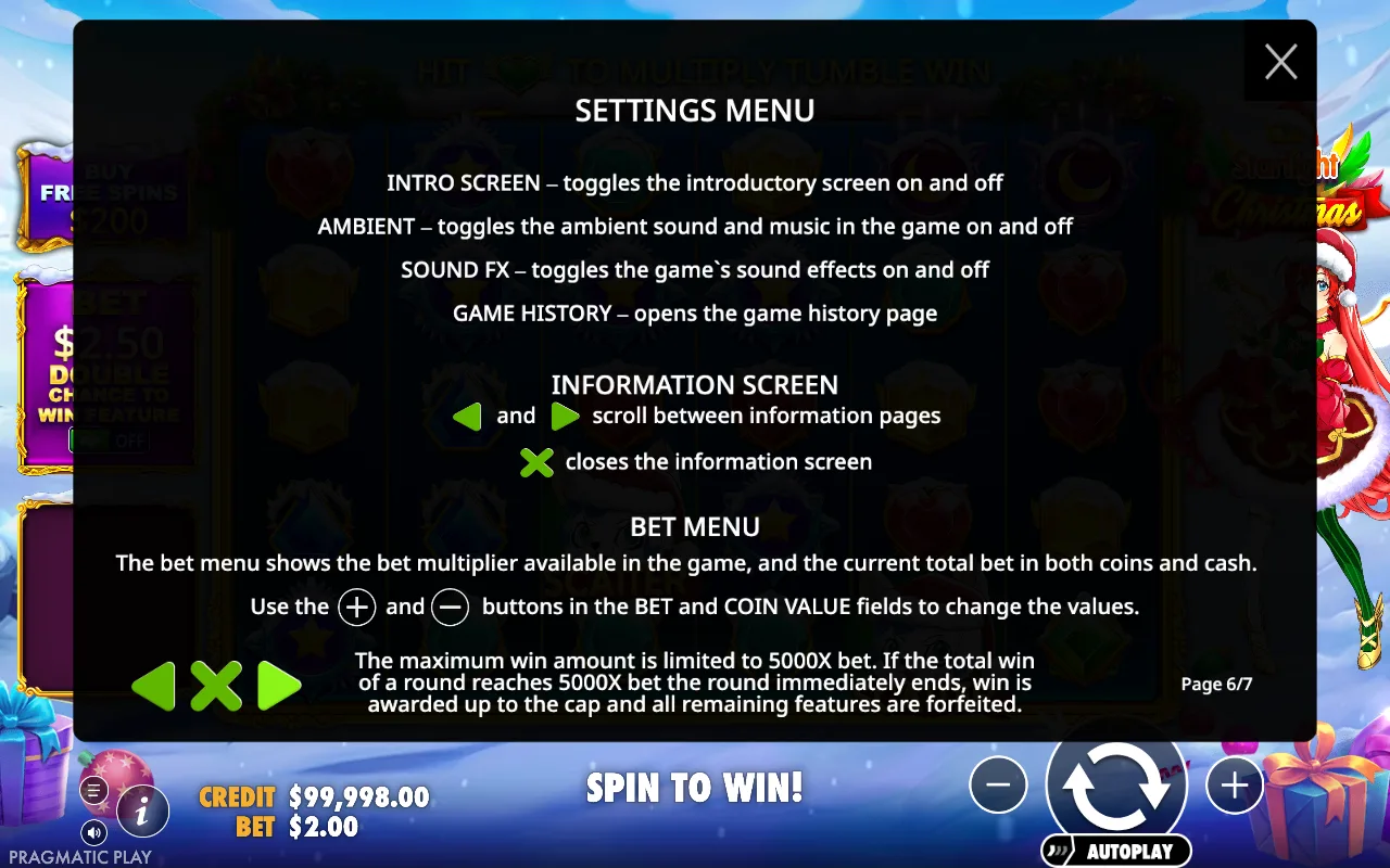 Settings menu — Starlight Christmas