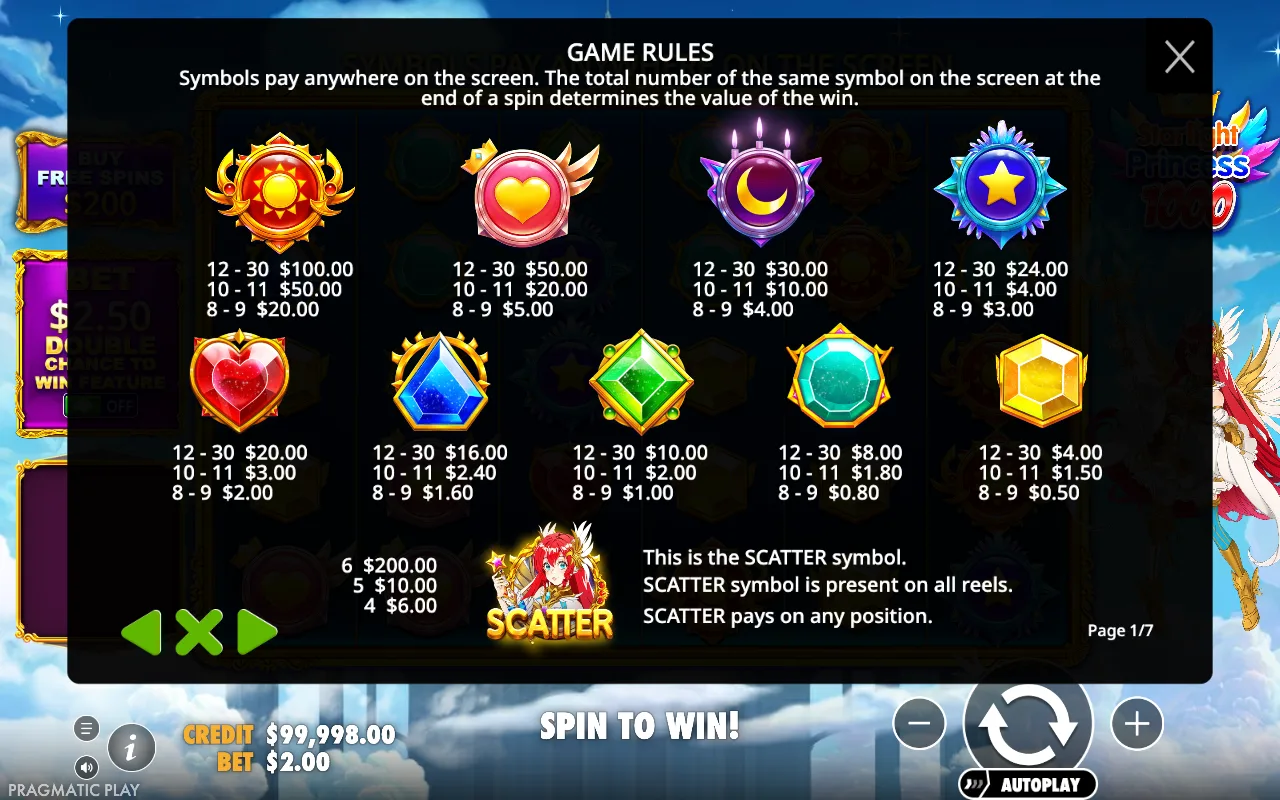Game rules, page 1 — Starlight Princess 1000