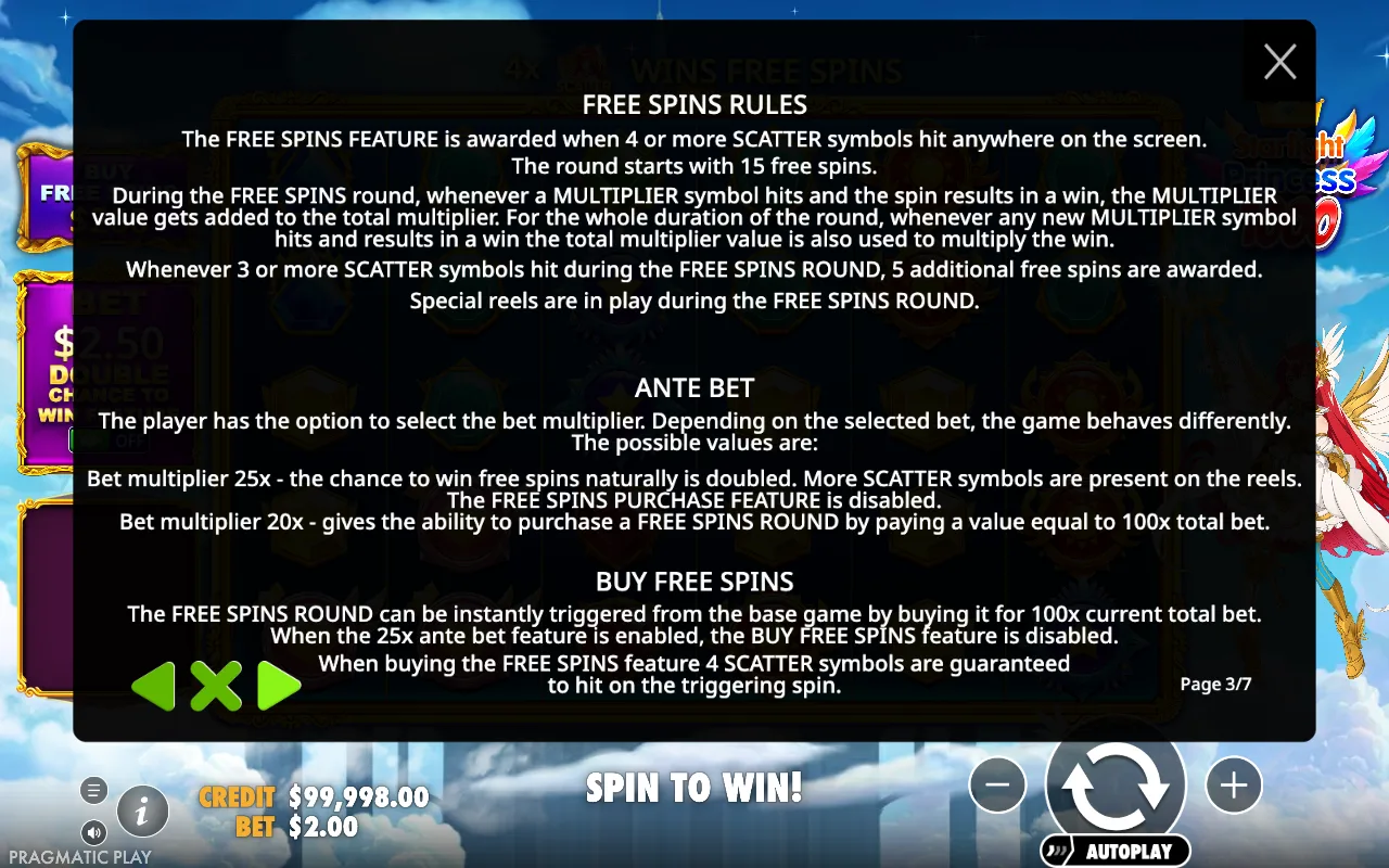 Free spins rules — Starlight Princess 1000