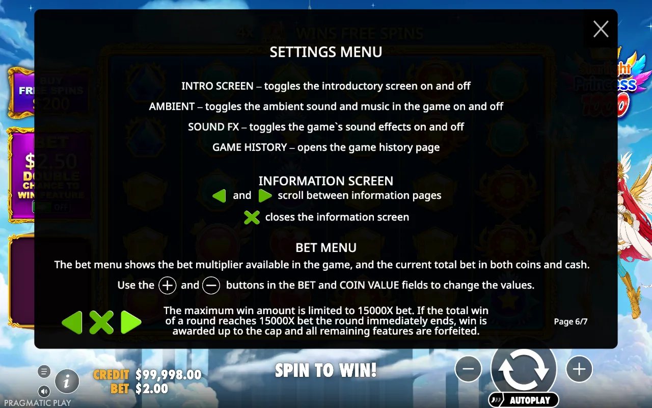 Settings menu — Starlight Princess 1000