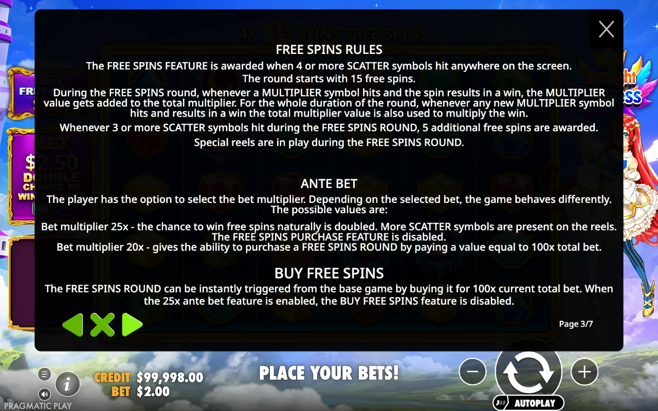 Free spins rules — Starlight Princess