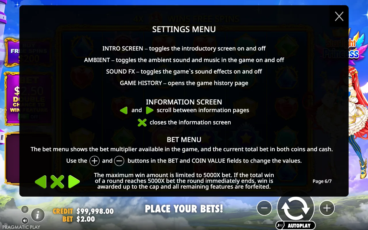Settings menu — Starlight Princess