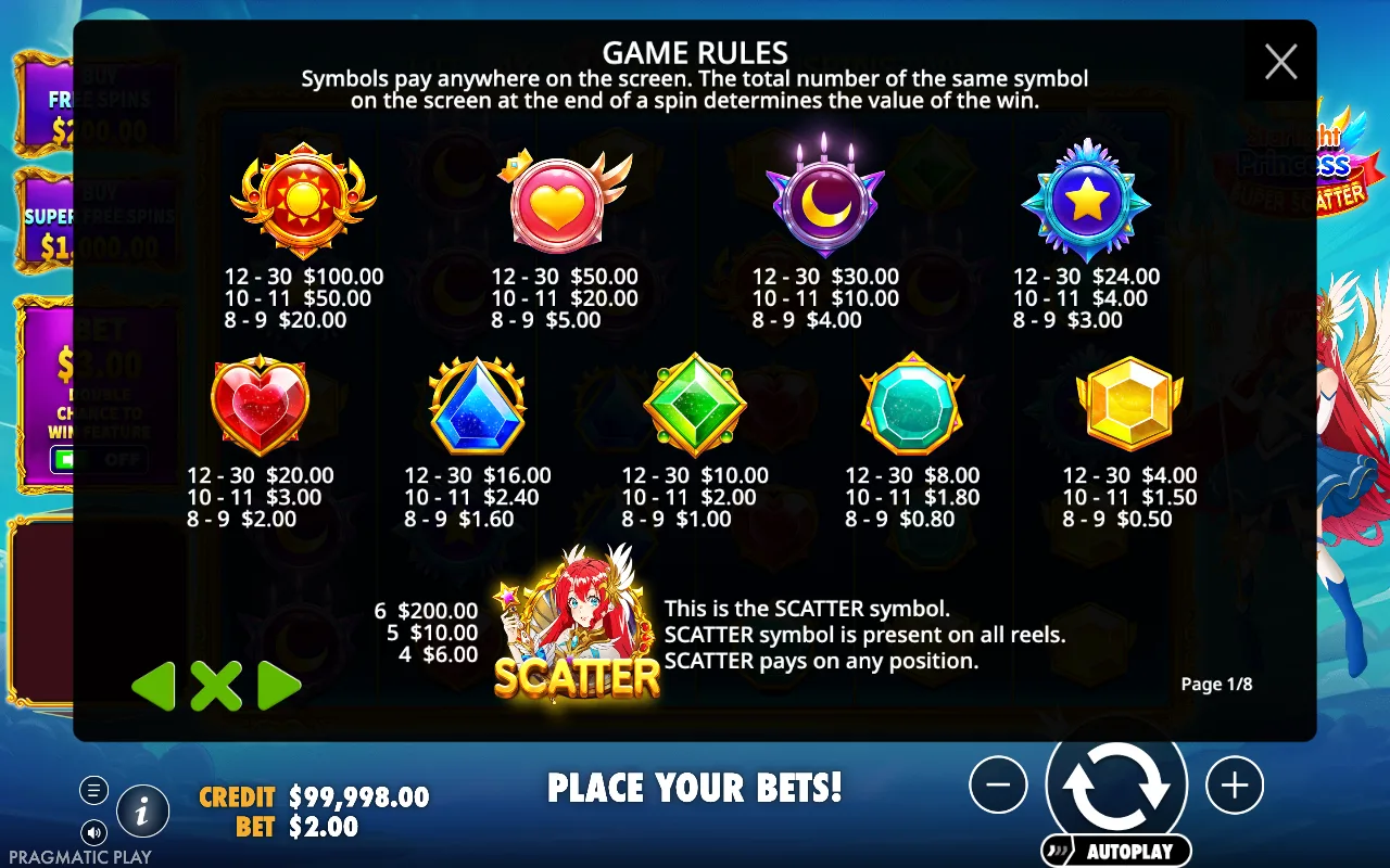 Game rules, page 1 — Starlight Princess Super Scatter
