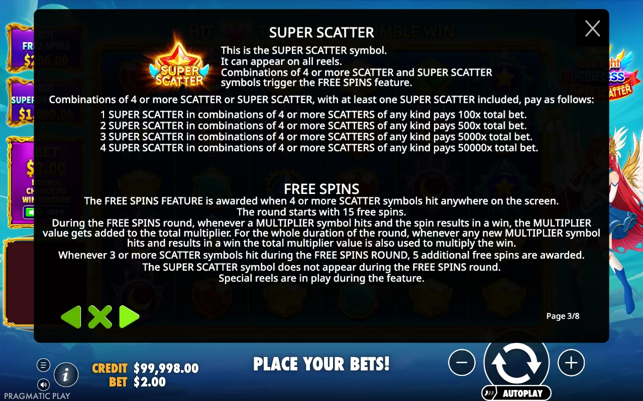 Game rules, page 3 — Starlight Princess Super Scatter