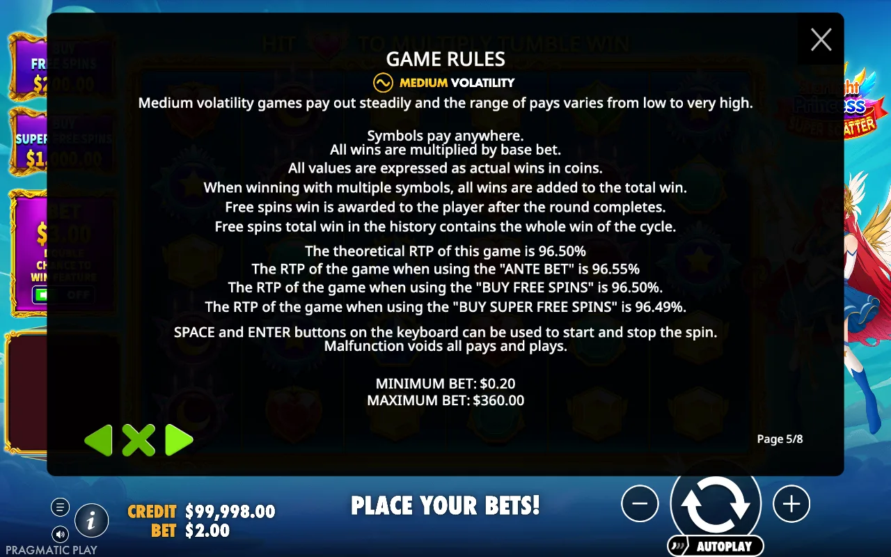 Game rules — Starlight Princess Super Scatter