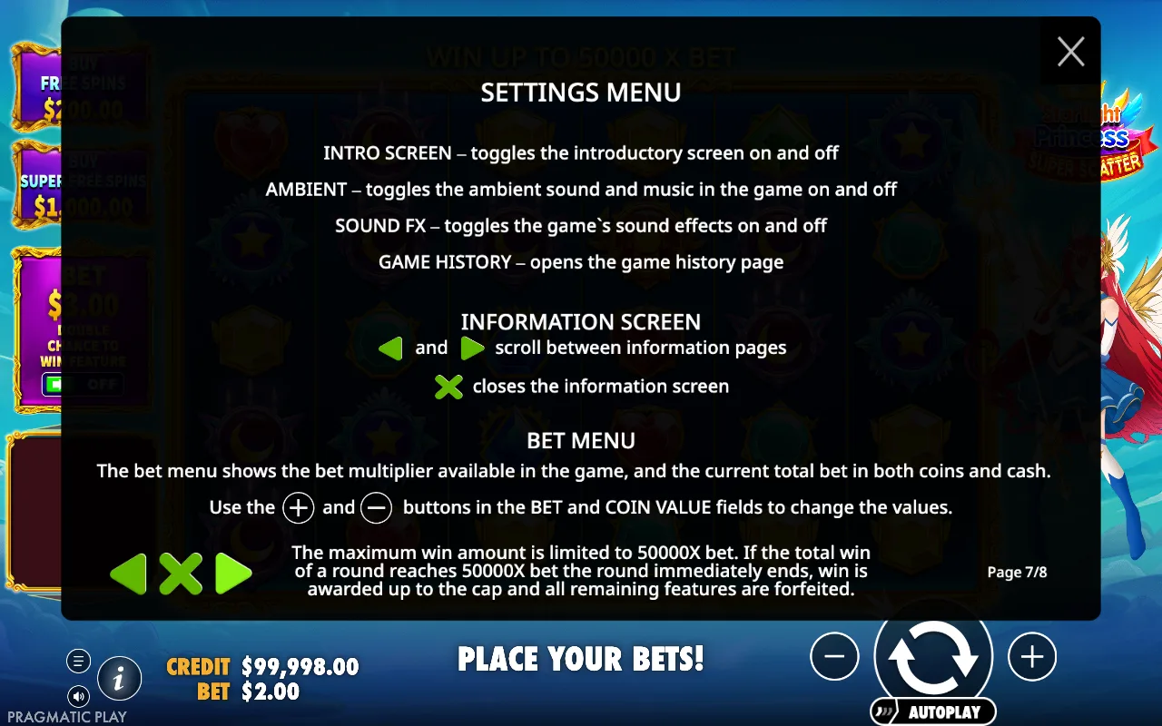 Settings menu — Starlight Princess Super Scatter