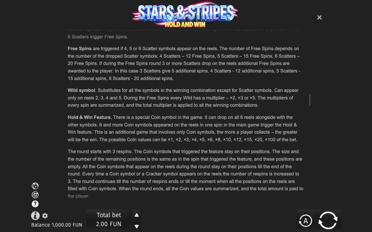 Game rules, page 8 — Stars & Stripes Hold and Win