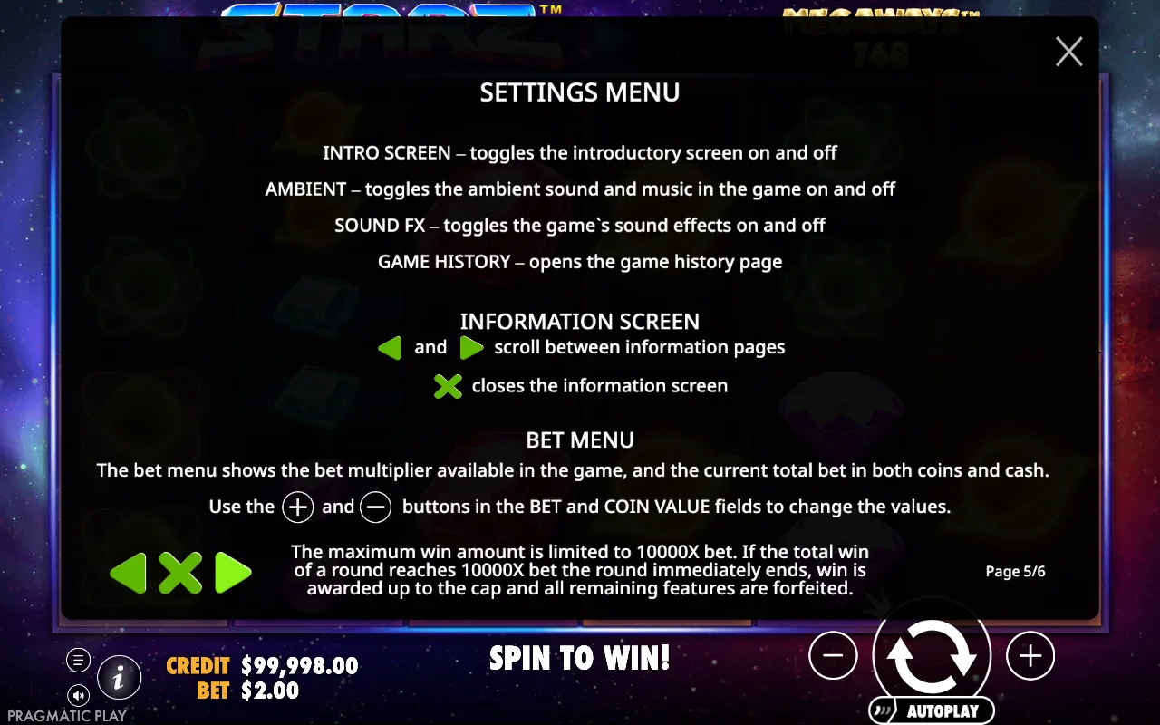Settings menu — Starz Megaways