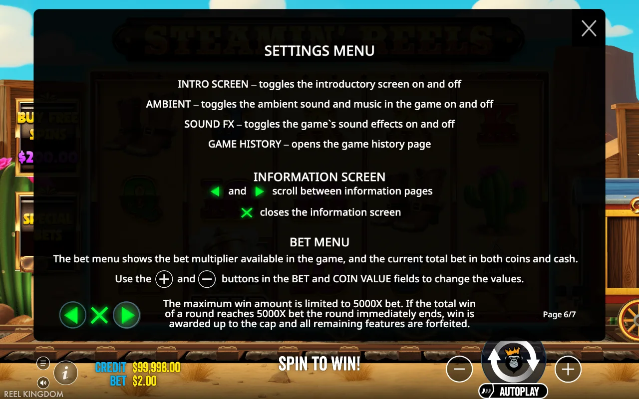Settings menu — Steamin' Reels