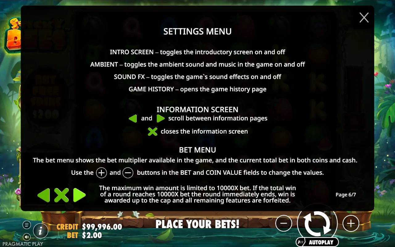 Settings menu — Sticky Bees
