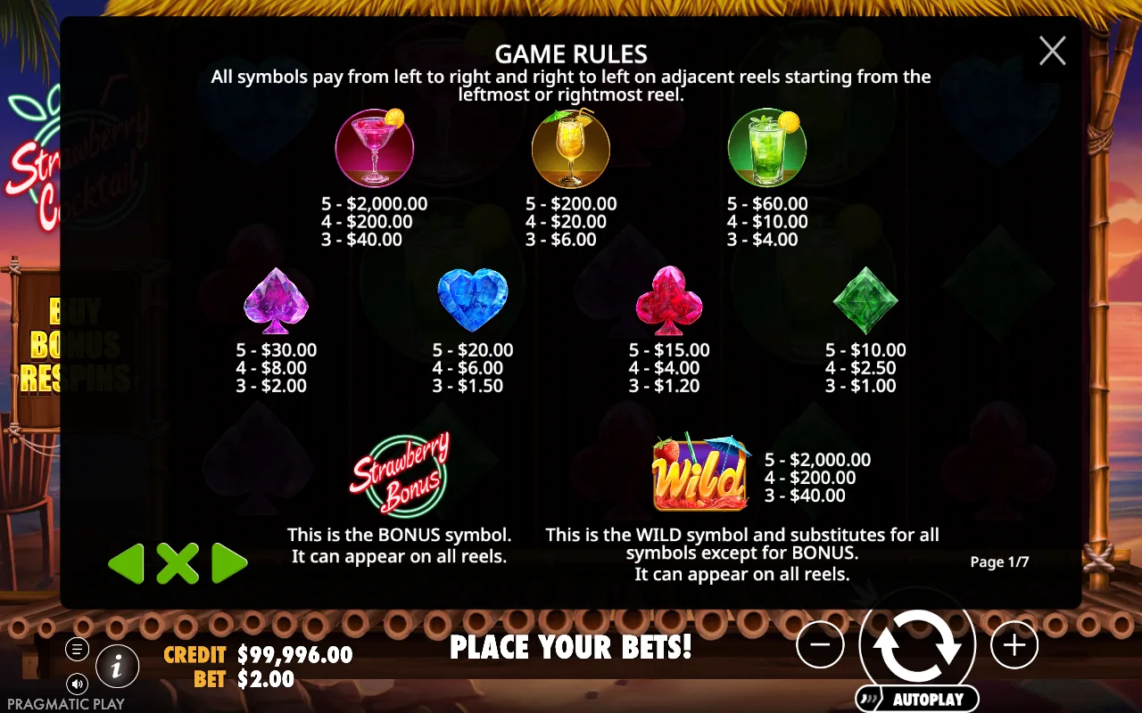 Game rules, page 1 — Strawberry Cocktail