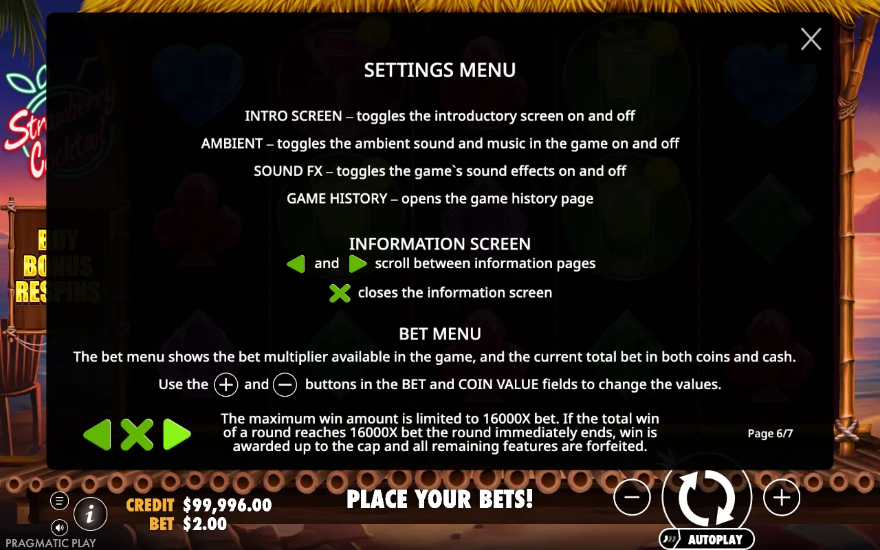 Settings menu — Strawberry Cocktail
