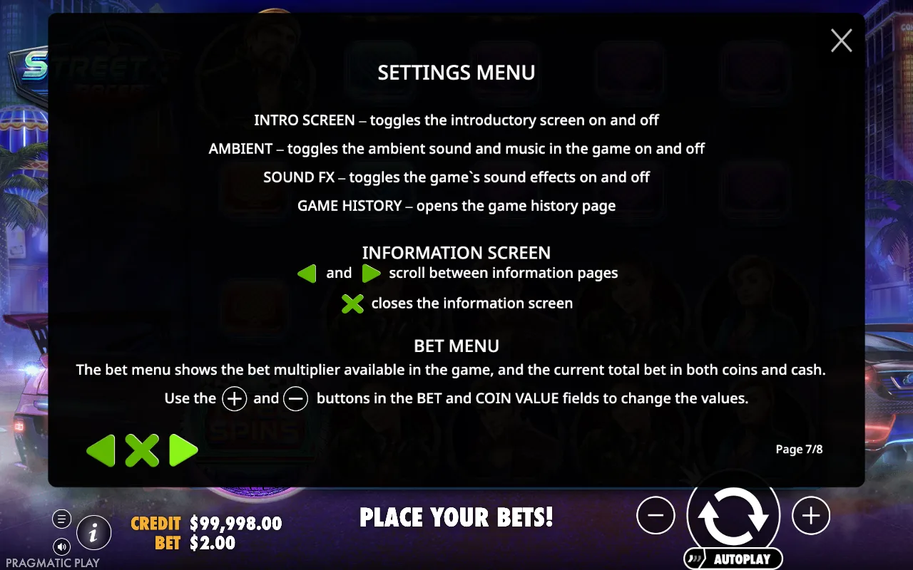 Settings menu — Street Racer