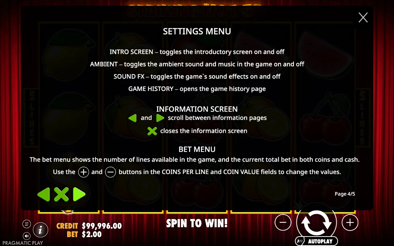 Settings menu — Striking Hot 5