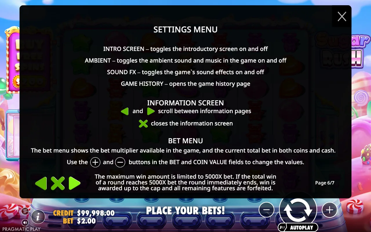 Settings menu — Sugar Rush