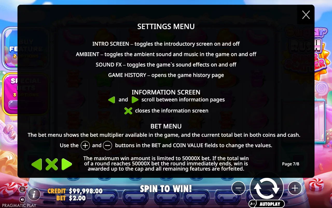 Settings menu — Sugar Rush Super Scatter