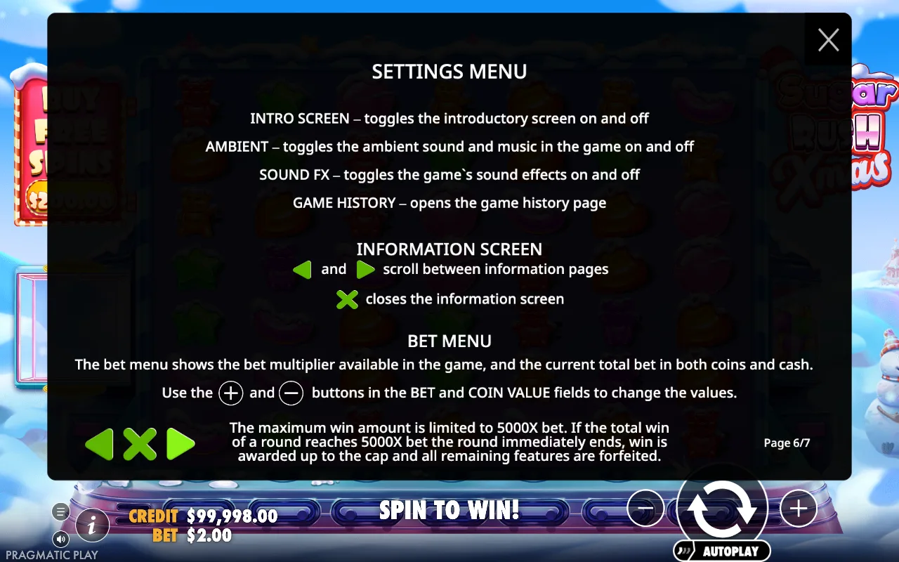 Settings menu — Sugar Rush Xmas