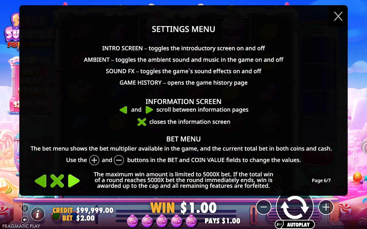 Settings menu — Sugar Supreme Powernudge
