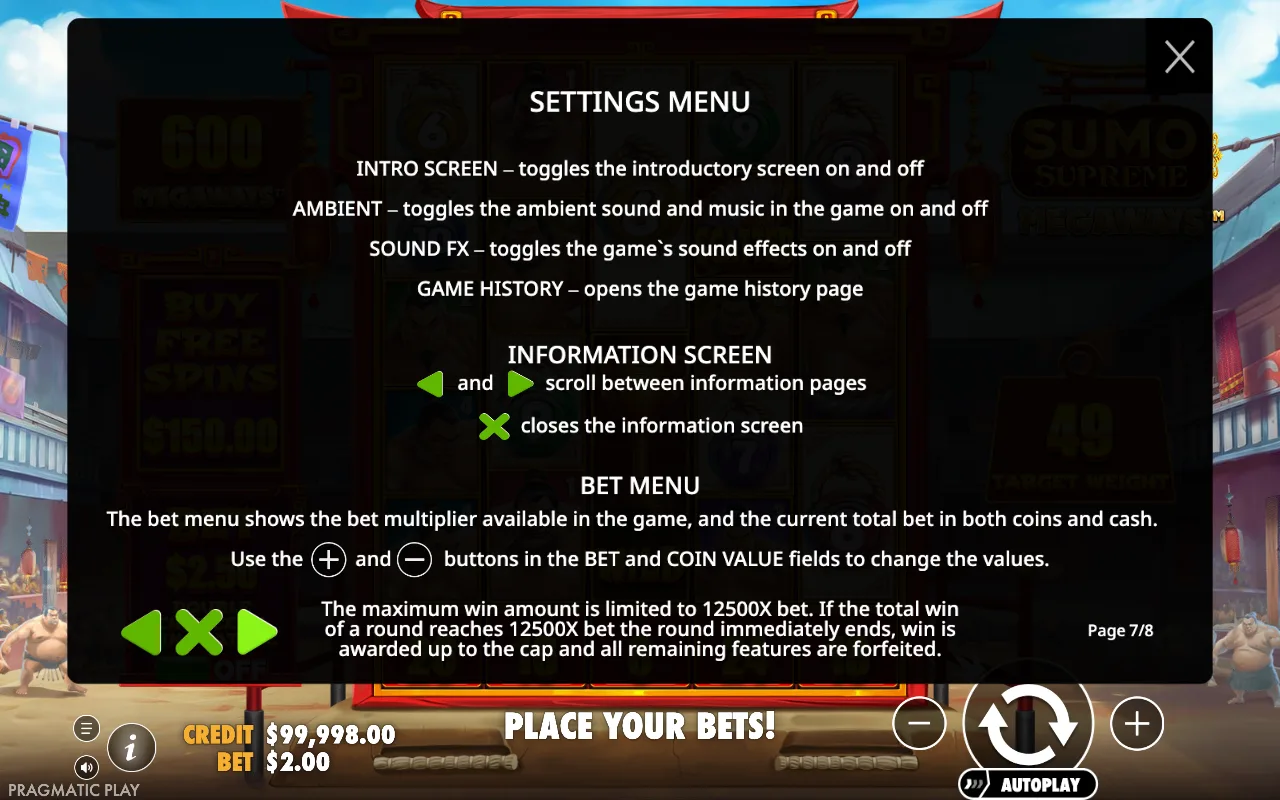 Settings menu — Sumo Supreme Megaways
