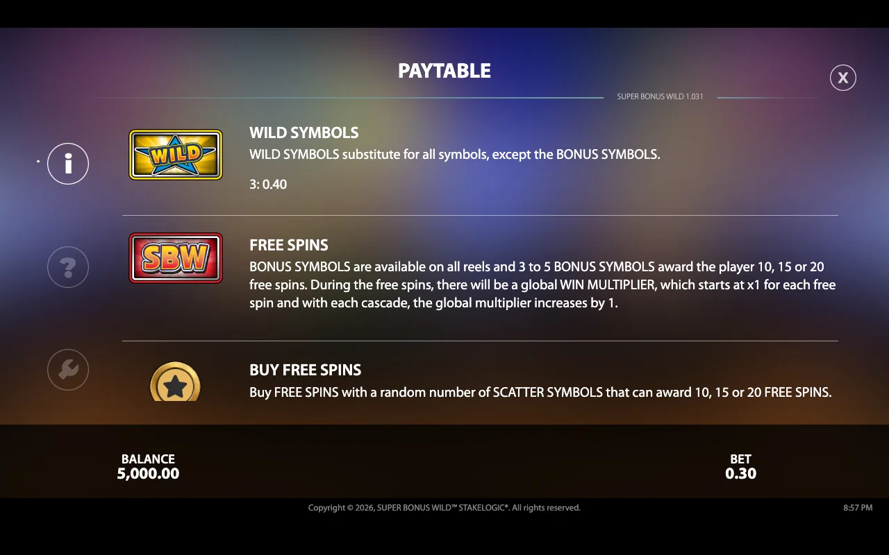 Paytable — Super Bonus Wild