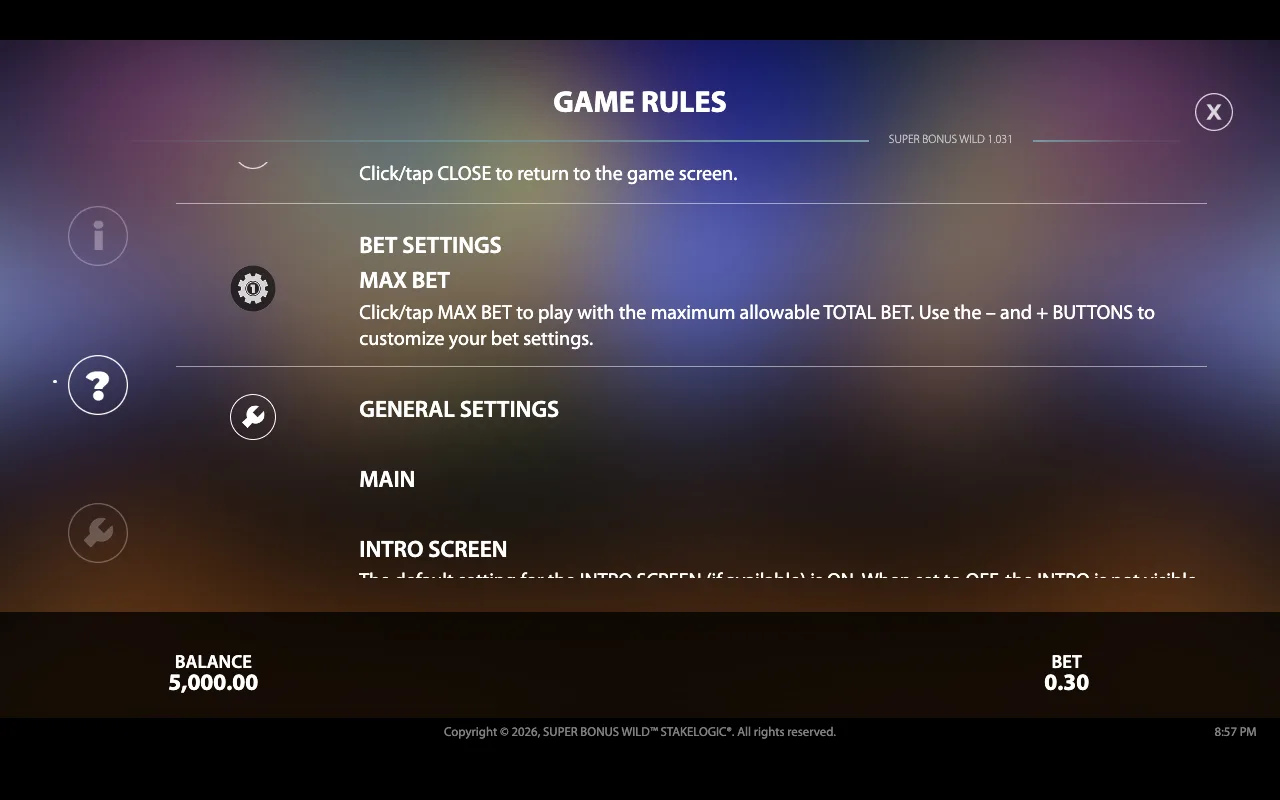 General settings — Super Bonus Wild