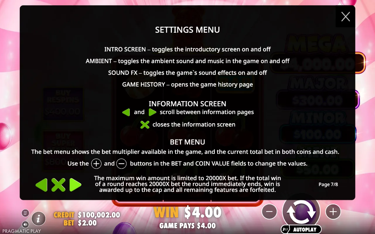 Settings menu — Super Gummy Strike