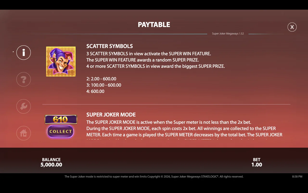 Paytable — Super Joker Megaways