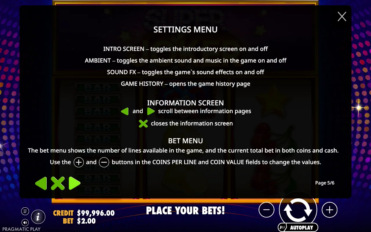 Settings menu — Super Joker