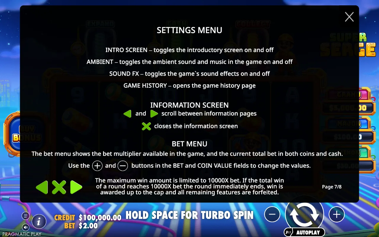 Settings menu — Super Serge