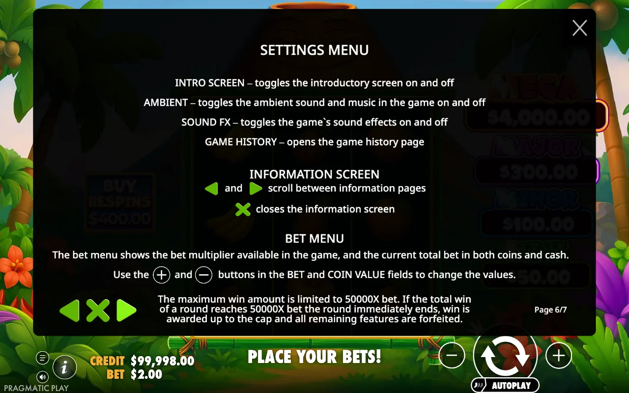 Settings menu — Super Tiki Strike