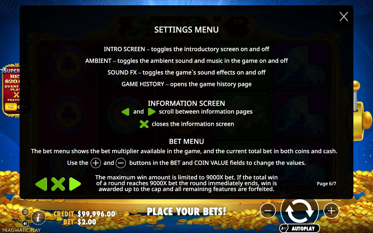 Settings menu — Super X