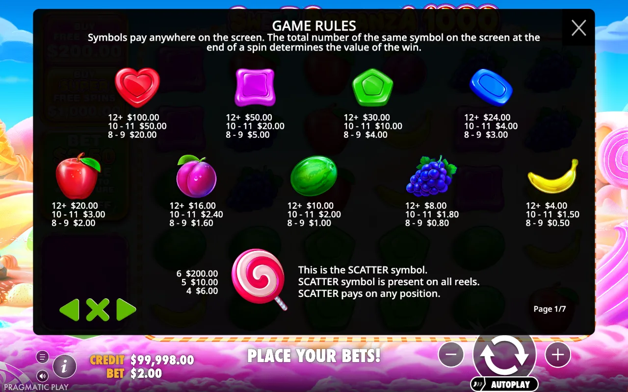 Game rules, page 1 — Sweet Bonanza 1000