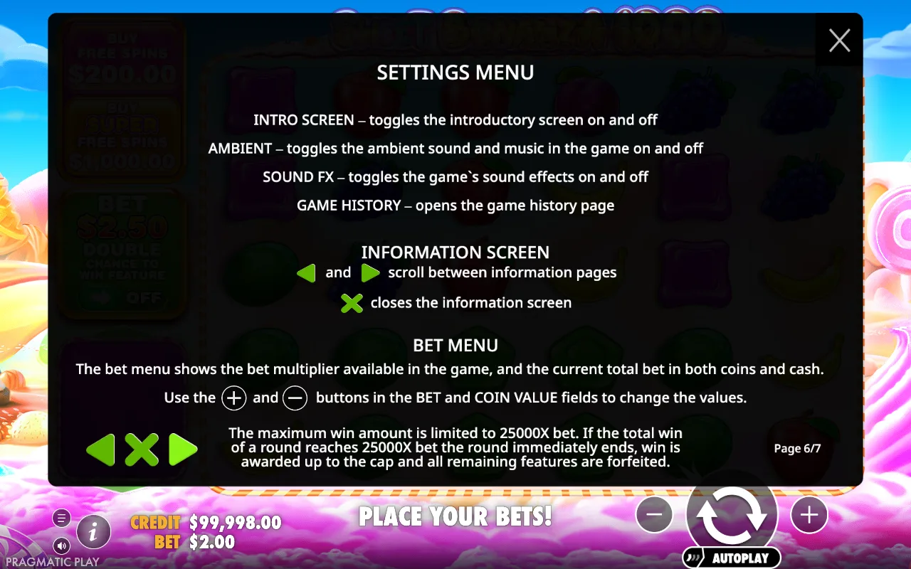 Settings menu — Sweet Bonanza 1000
