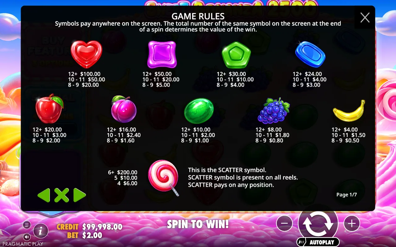 Game rules, page 1 — Sweet Bonanza 2500